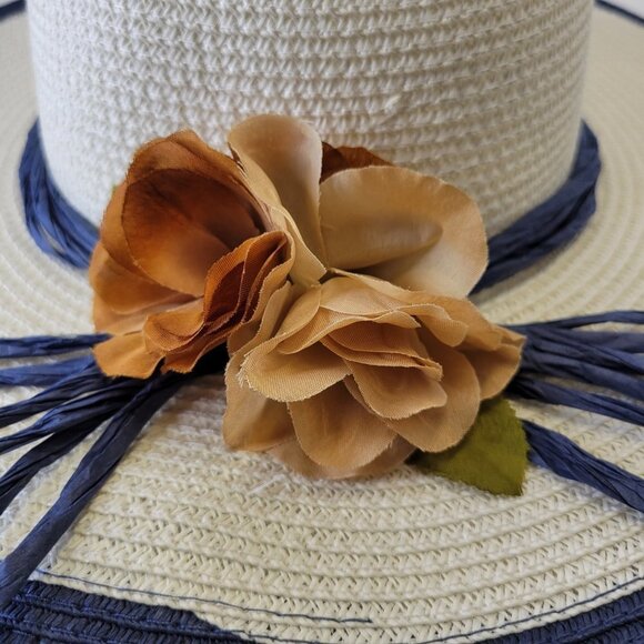 WHITE Paper Straw Hat Blue Trim Floral Embellish Wide Brim Sun Beach Hat - Picture 8 of 13